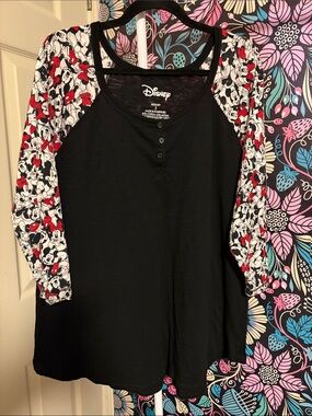 Disney Black Top with Red & White Mickey Print Sleeves